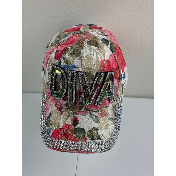 Embellished "DIVA" Floral Baseball Cap With Rhinestones - Picture 7 of 8